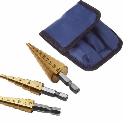 3pcs Hss4241 Titanium Coated Step Core เจาะ ชุดบิตสำหรับการเจาะโลหะ